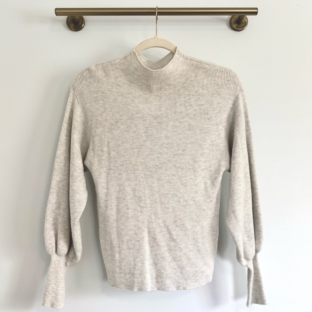 Light Gray Mock Neck Bishop Sleeve Ribbed Knit Sweater